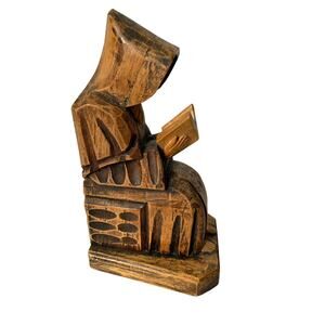Vintage Wood Priest Monk Reading Bible Hooded Robe Wooden Carved Figurine
